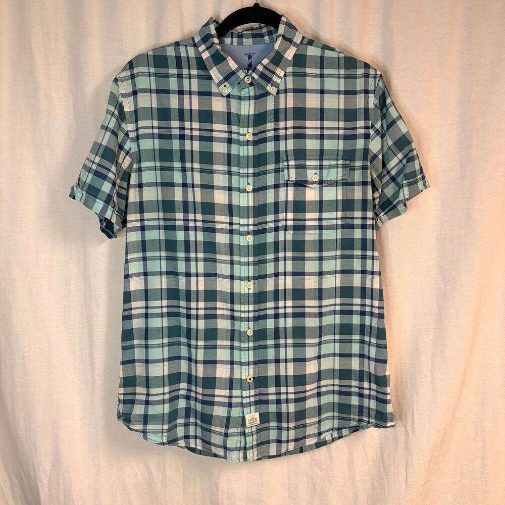 IZOD Seaside Poplin Plaid Button Down Shirt Mens Medium Blue Green Cotton